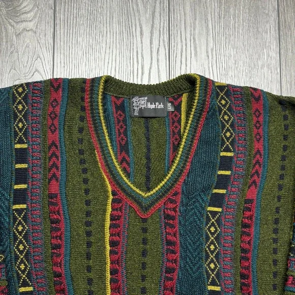 Hyde Park Mens Vintage 3D Knit Sweater V-Neck Green Red Striped 3D Style L - Picture 3 of 8